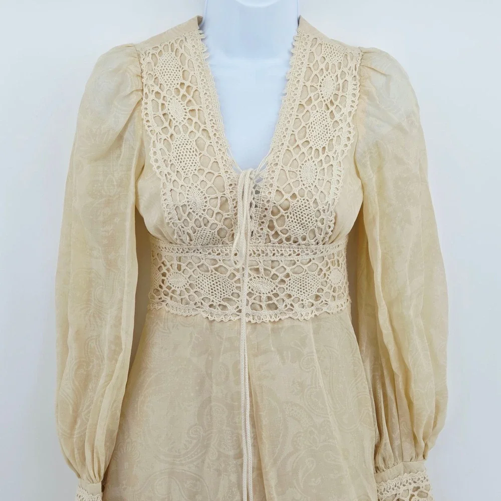 Vintage 1970s Gunne Sax Jessica Cream Crochet Maxi Prairie Sheer Dress Sz 5 - Picture 4 of 16